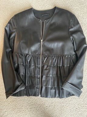 Lafayette 148 New York Black Genuine Leather Ruffle Front Zip Jacket